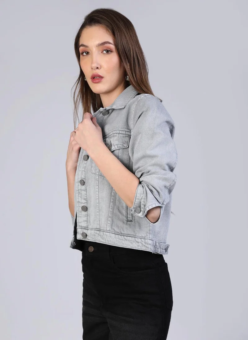 Urbano Fashion Urbano Fashion Women's Light Grey Regular Fit Washed Full Sleeve Denim Jacket